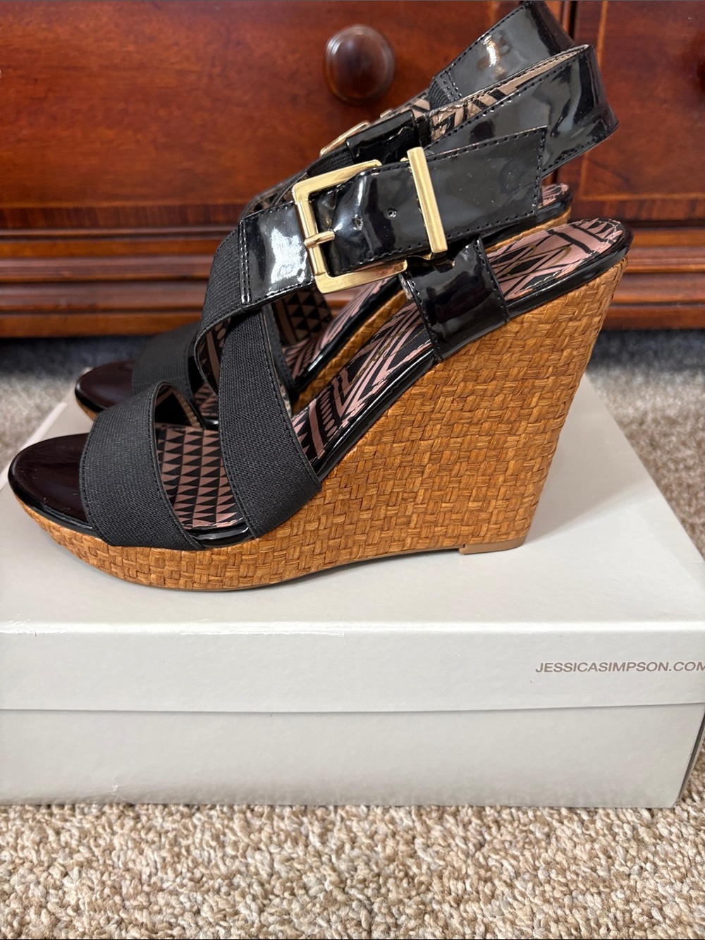 Jessica Simpson Black Patent & Woven Tan Wedge Sandals